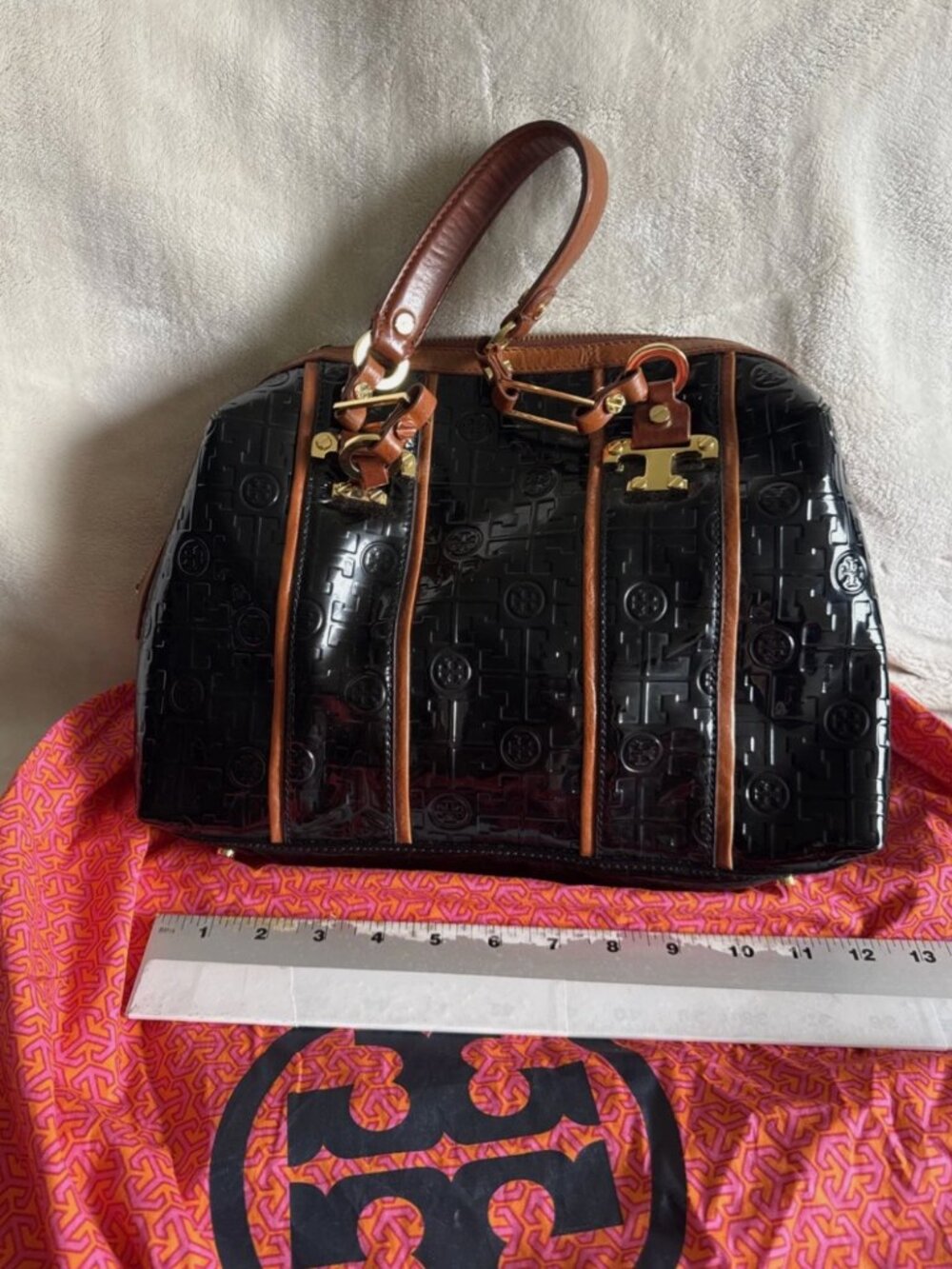 Tory Burch Black Patent Satchel/Top Handle Bag, Zip, Logo Dust Bag